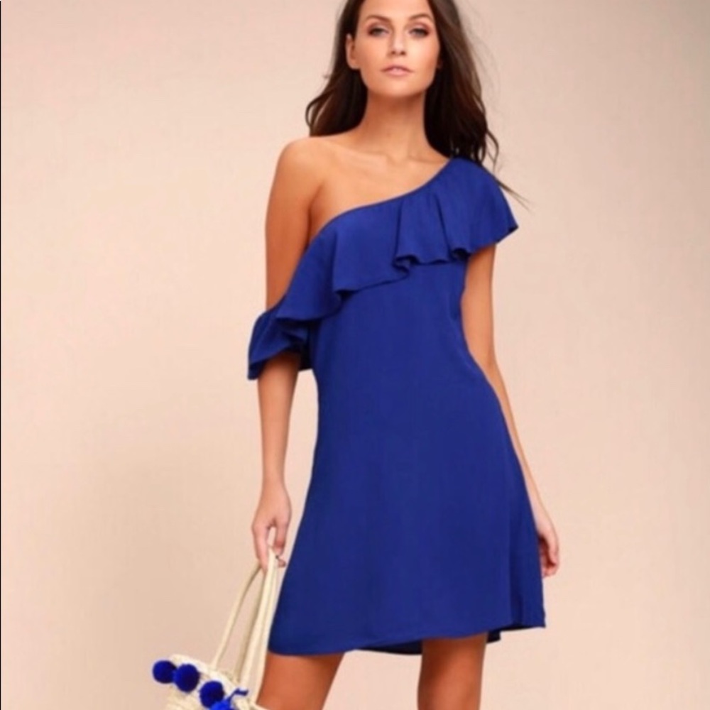 NWT ASTR Marisol One Shoulder Ruffle Mini Dress Cobalt Royal Blue Revolve